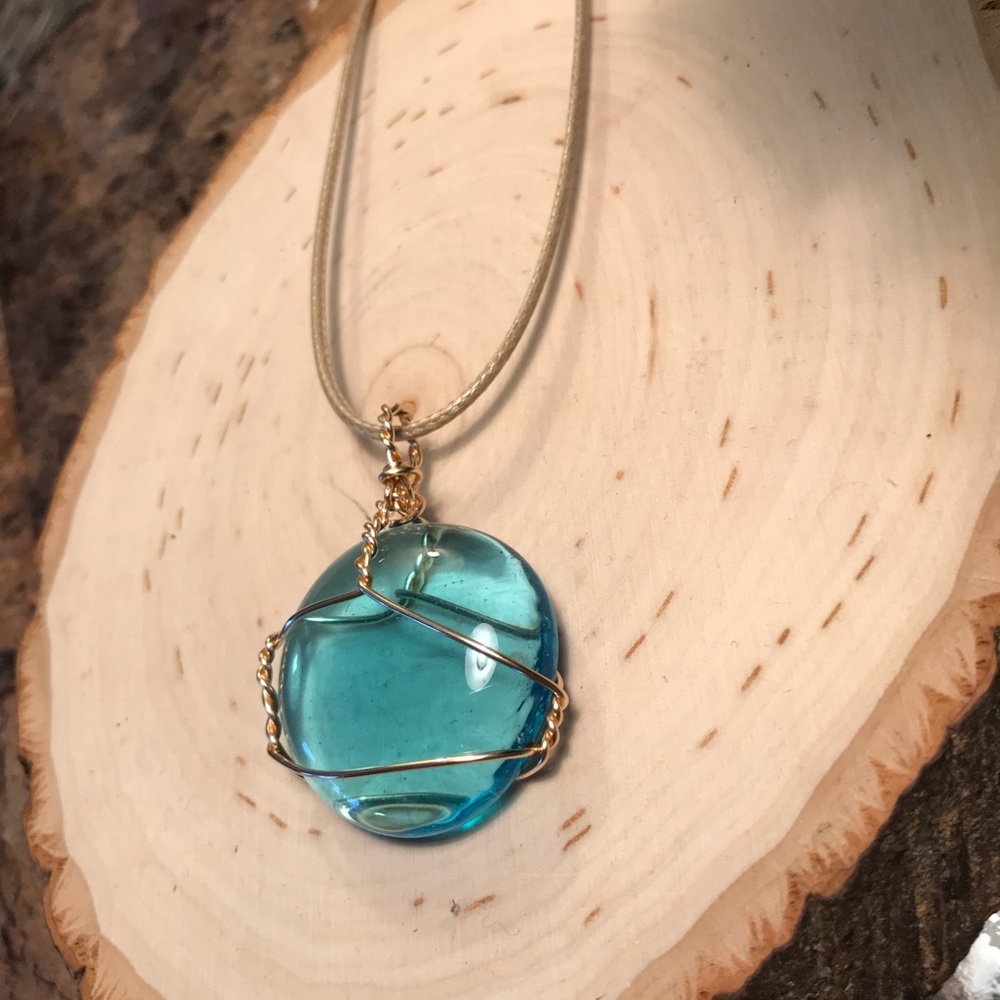 Handmade necklace aqua wire wrap NEW - Picture 4 of 8